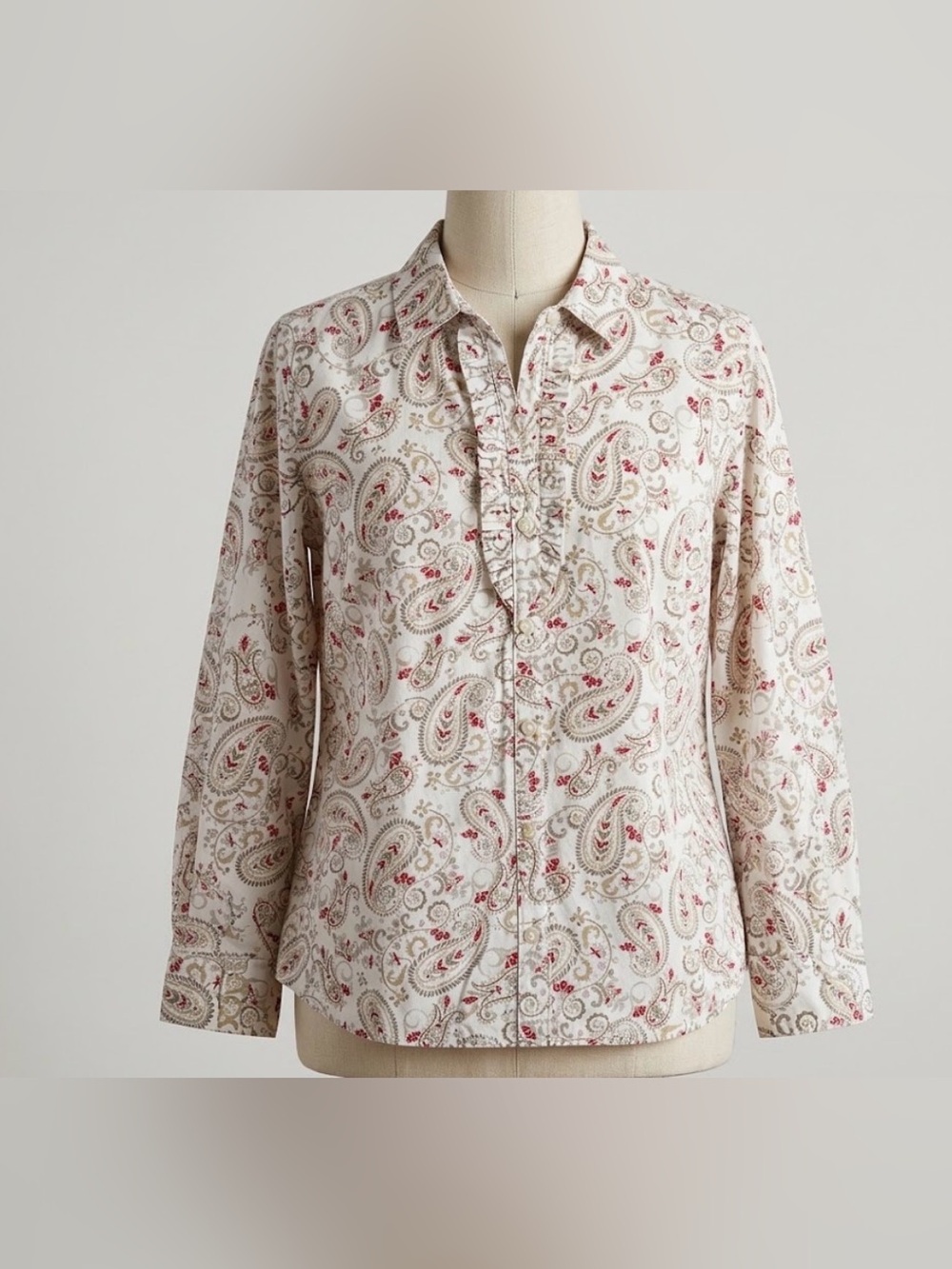 Laura Scott White Paisley Button-Front Top with Red & Taupe Details